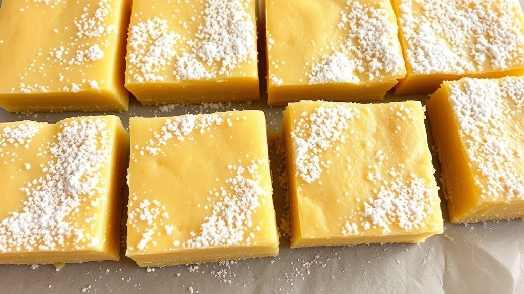 Golden lemon squares with powdered sugar dusting on parchment paper, showing perfect golden crust and creamy pale yellow filling with visible lemon zest specks