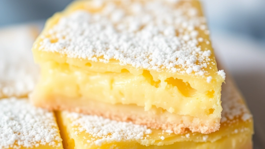 Close-up of perfectly cut lemon square showing distinct layers of golden buttery crust and pale yellow creamy filling with powdered sugar on top