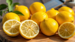 Close-up of fresh organic lemons with bright yellow color, some cut in half showing juice and seeds, arranged on a rustic wooden cutting board with microplane zester nearby, natural sunlight