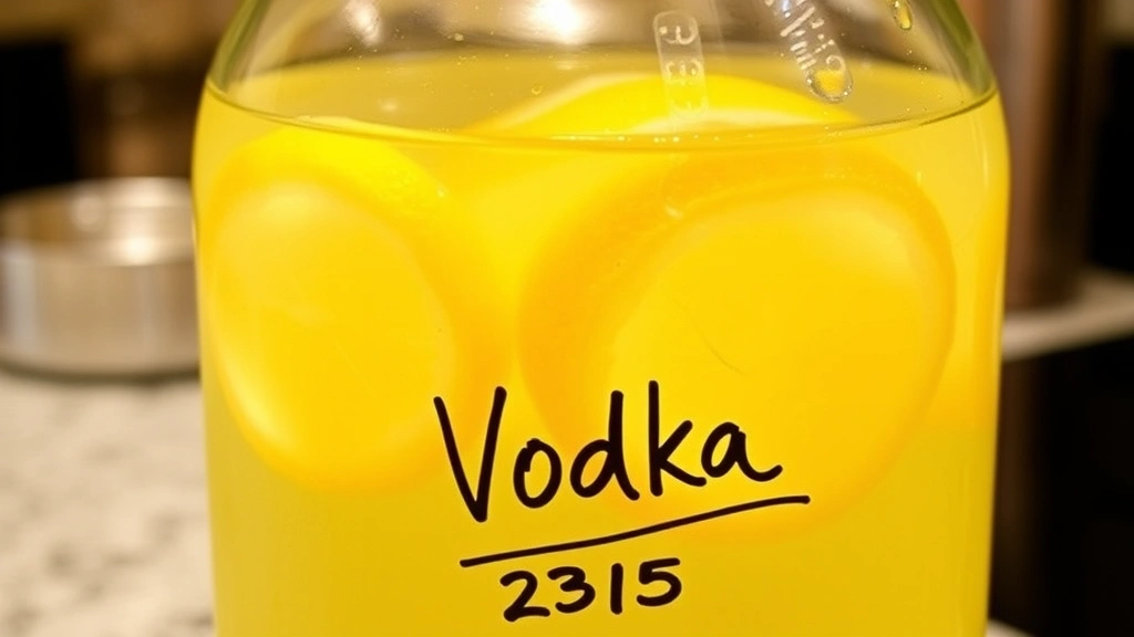 Glass jar filled with pale yellow lemon-infused vodka showing the infusion process, with fresh lemon zest visible inside the clear spirit, labeled with a date tag, sitting on a kitchen counter