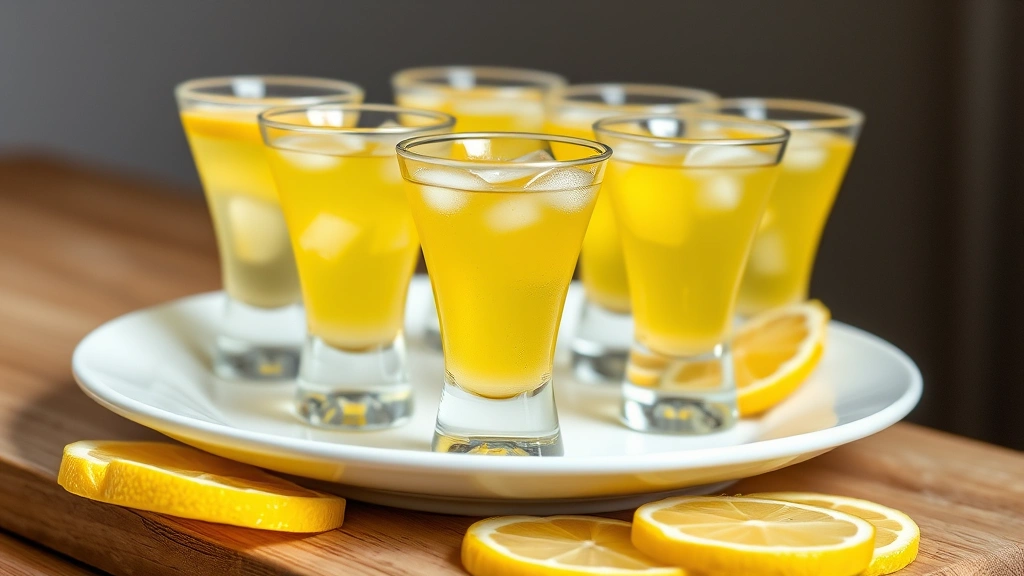 Elegant shot glasses filled with bright golden-yellow limoncello, frosted and ice-cold, arranged on a white ceramic plate with fresh lemon slices as garnish, ready to serve as digestif