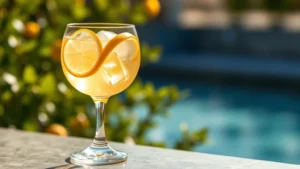 Golden limoncello spritz cocktail in a chilled wine glass with fresh lemon twist garnish and ice cubes, afternoon sunlight