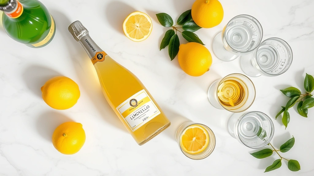 Overhead flat lay of limoncello bottle, prosecco bottle, sparkling water, fresh lemons, and wine glasses on marble counter