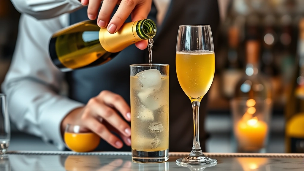 Bartender pouring prosecco into a glass containing limoncello and ice, professional cocktail preparation technique