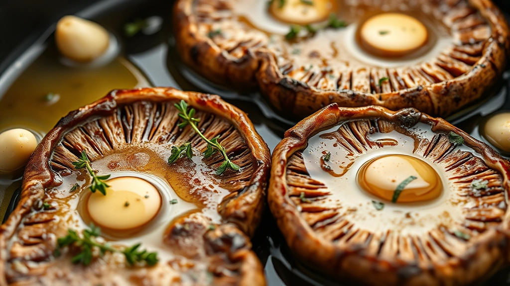 Close-up of golden-brown pan-seared lion's mane mushroom steaks with garlic cloves and fresh thyme sprigs in melted butter, glistening with pan sauce in a cast-iron skillet