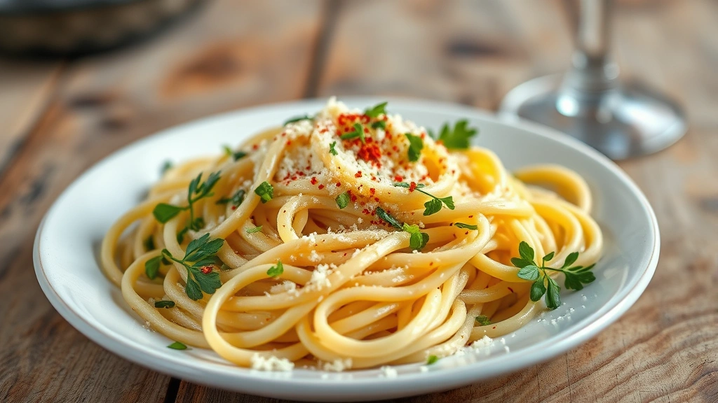 Rustic wooden table displaying creamy pale lion's mane pasta with fresh tarragon, grated Parmesan, and crushed red pepper, shallow depth of field with wine glass blurred in background