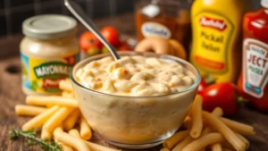 Professional food photography of creamy mac sauce in a clear glass bowl with a spoon, surrounded by fresh ingredients like mayonnaise jar, pickle relish, mustard bottle, and ketchup, bright kitchen lighting, shallow depth of field