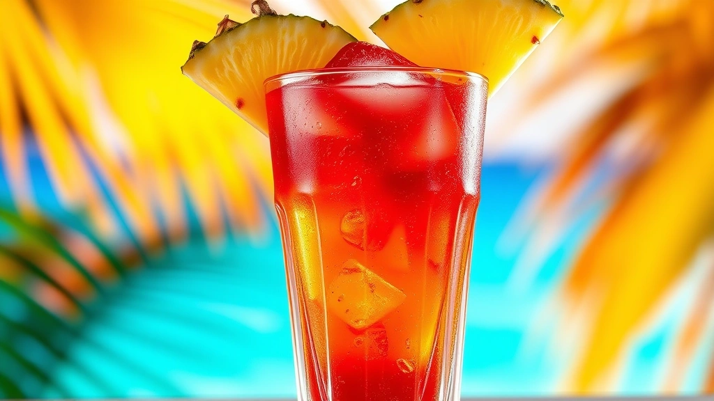 Crystal highball glass filled with vibrant crimson and golden tropical cocktail, pineapple wedge garnish on rim, ice cubes visible, condensation on glass exterior, bright tropical background