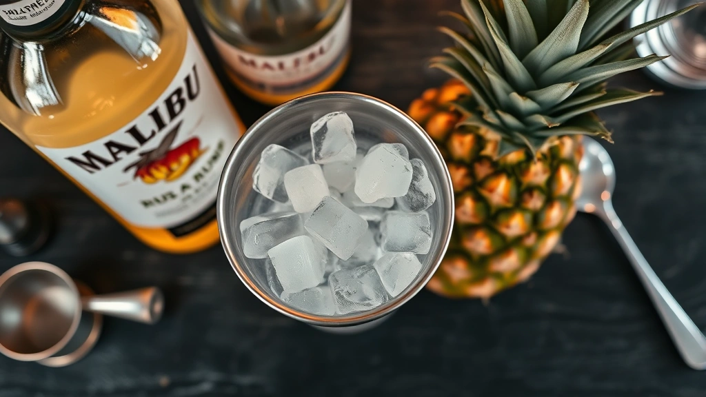 Close-up overhead view of cocktail shaker mid-shake with ice cubes, Malibu rum bottle and fresh pineapple beside it, professional bar setup with jigger and bar spoon