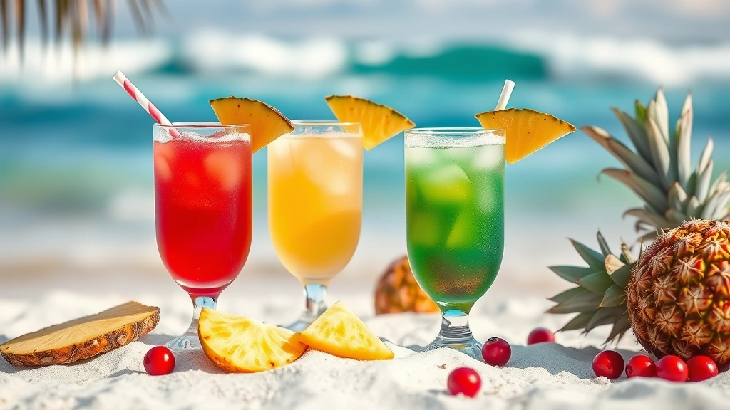Tropical beach setting with three colorful Malibu Bay Breeze cocktails in highball glasses, fresh pineapple slices and cranberries scattered on white sand, ocean waves blurred in background