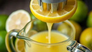 Fresh limes and lemons being juiced with a citrus press, showing bright yellow and green citrus halves, juice flowing into a glass pitcher, close-up of the juicing action
