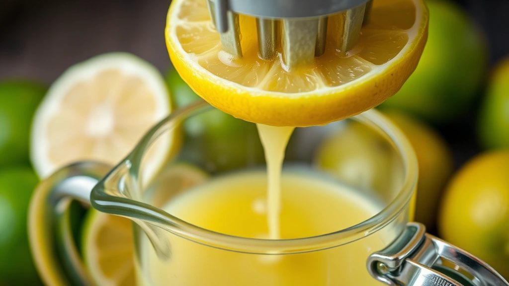 Fresh limes and lemons being juiced with a citrus press, showing bright yellow and green citrus halves, juice flowing into a glass pitcher, close-up of the juicing action