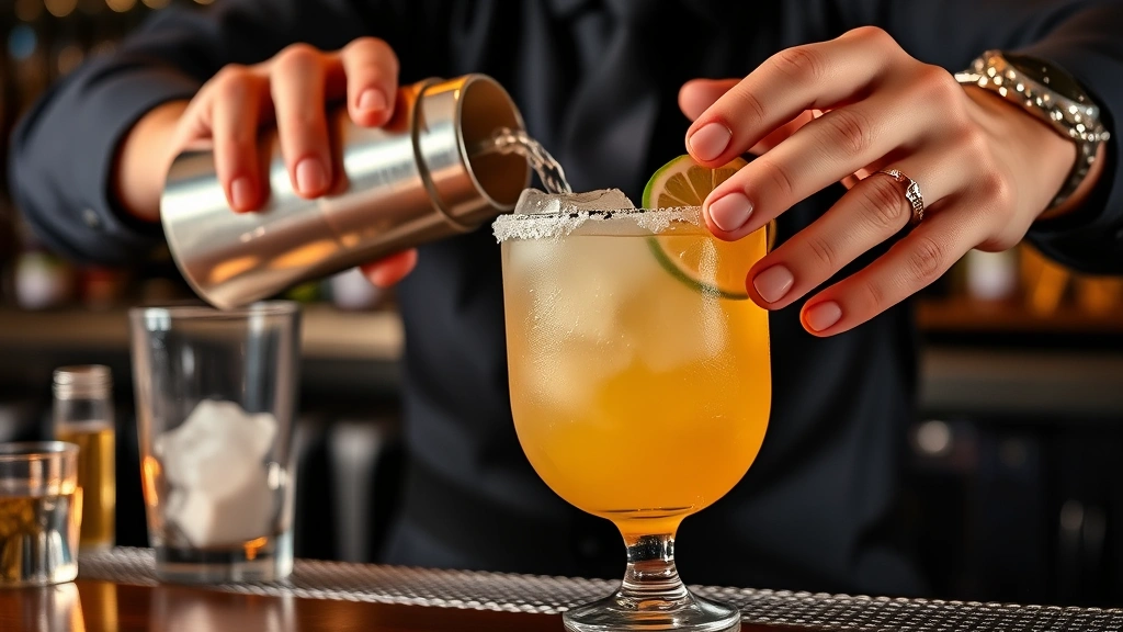 Bartender shaking margarita in a cocktail shaker with ice, pouring golden margarita into a salt-rimmed glass filled with fresh ice, lime wheel garnish visible, professional bar setting