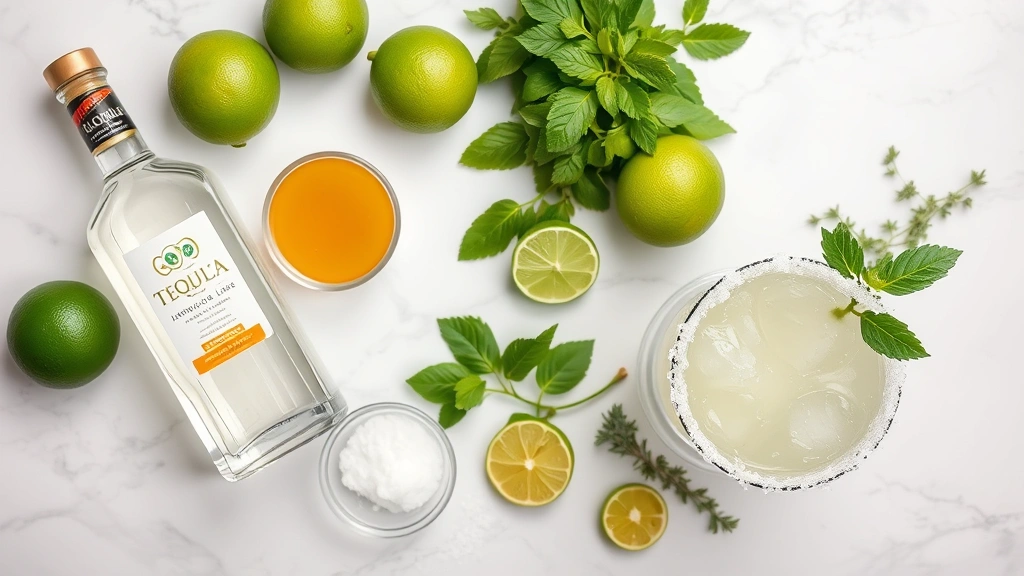 Overhead flat lay of margarita ingredients arranged on white marble: fresh limes, bottle of tequila, orange liqueur bottle, agave nectar in glass bowl, sea salt, fresh herbs, and a prepared margarita with salt rim