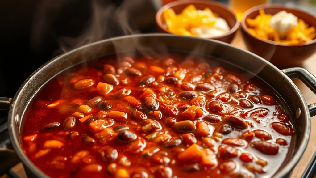 Simmering pot of deep red chili with visible beans, spices, and tomatoes, aromatic steam, garnished bowls with cheese and sour cream in background, warm lighting