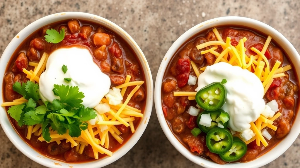 Top-down view of finished chili bowls with layered toppings including shredded cheese, sour cream, fresh cilantro, diced onions, and jalapeños, colorful and appetizing presentation