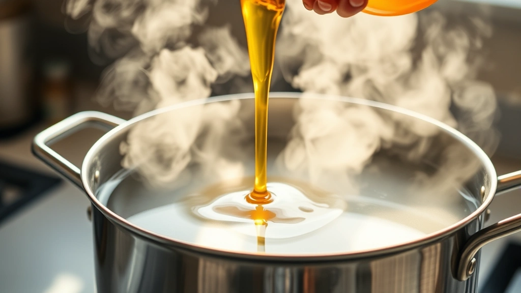 Golden honey being slowly poured into warm water in a large stainless steel pot, steam rising gently, natural kitchen lighting