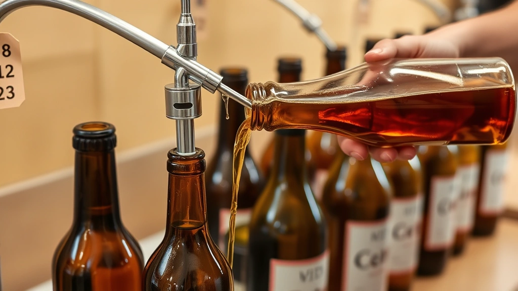 Finished mead being carefully siphoned into wine bottles using bottling wand and siphon equipment, clear amber liquid flowing