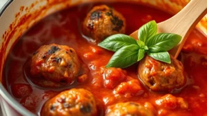 Close-up of simmering tomato sauce with browned meatballs partially submerged, garnished with fresh basil leaves, steam rising, wooden spoon resting in pot, warm kitchen lighting