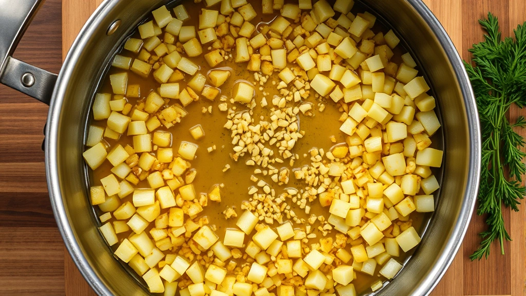 Top-down view of diced yellow onions and minced garlic in olive oil in a large pot, golden caramelized onions glistening, fresh herbs nearby on wooden cutting board