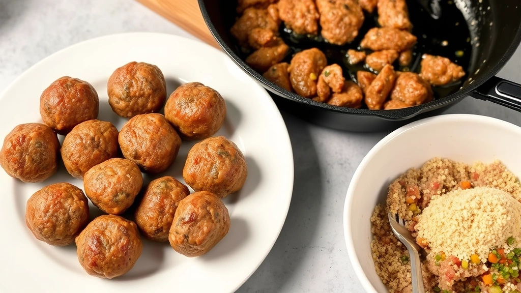 Golden-brown raw meatballs on white plate next to cast iron skillet with sizzling oil, uncooked meatball mixture in bowl with breadcrumbs and fresh ingredients visible
