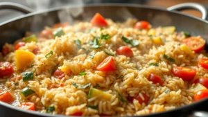 Close-up of simmering Mediterranean rice with visible vegetables like bell peppers, zucchini, and tomatoes in a wide shallow pan, steam rising gently, golden broth visible, fresh herbs scattered on top, warm afternoon kitchen lighting