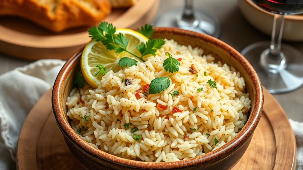 Overhead shot of finished Mediterranean rice dish in a rustic ceramic bowl, garnished with fresh green parsley and a lemon wedge positioned on the rim, crusty bread and wine glass visible in soft focus background, natural Mediterranean table setting