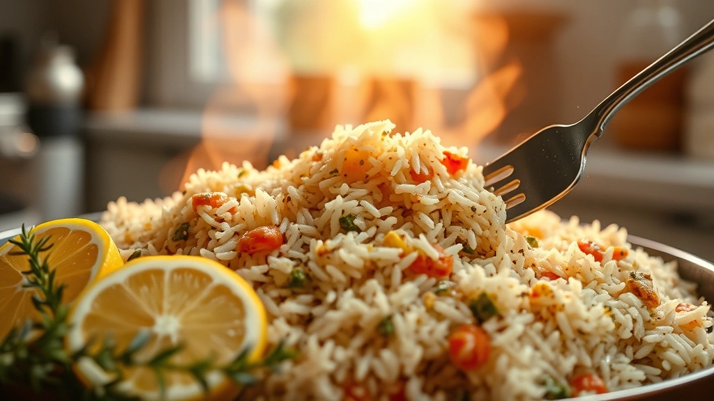 Action shot of fluffing cooked Mediterranean rice with a fork, showing individual grains with vegetables interspersed, steam visible, fresh lemon halves and oregano sprigs in the foreground, warm golden hour lighting through kitchen window