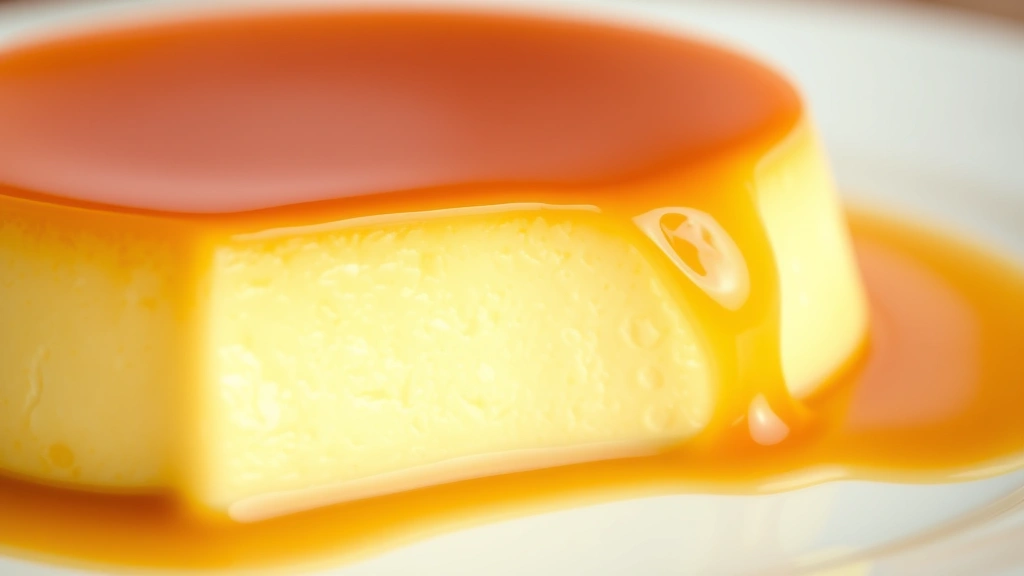 Close-up of golden caramel flan dessert with smooth custard top, glossy amber caramel layer visible, served on white plate, soft studio lighting, shallow depth of field focusing on the creamy texture