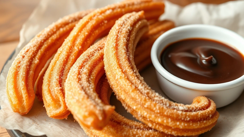 Golden-brown churros dusted with cinnamon sugar arranged on parchment paper, small white bowl of dark chocolate sauce beside them, steam rising slightly, warm natural lighting, appetizing presentation