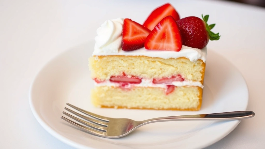 Tres leches cake slice on white plate showing three distinct layers, topped with fluffy whipped cream and fresh strawberries, fork on plate, soft diffused lighting, restaurant-style plating