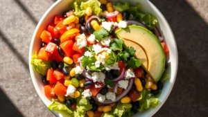 Overhead shot of a vibrant Mexican salad in a white ceramic bowl featuring crisp romaine lettuce, diced ripe tomatoes, colorful bell peppers, black beans, corn kernels, sliced red onions, creamy avocado slices, crumbled cotija cheese, and fresh cilantro, with a lime wedge on the side and natural sunlight creating shadows