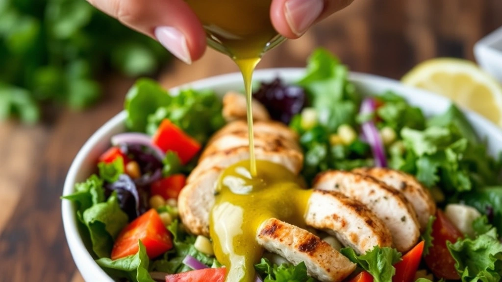 Close-up of hands drizzling golden-green lime cilantro vinaigrette dressing over a fresh Mexican salad bowl filled with mixed greens, grilled chicken strips, and colorful vegetables, capturing the moment the dressing coats the ingredients