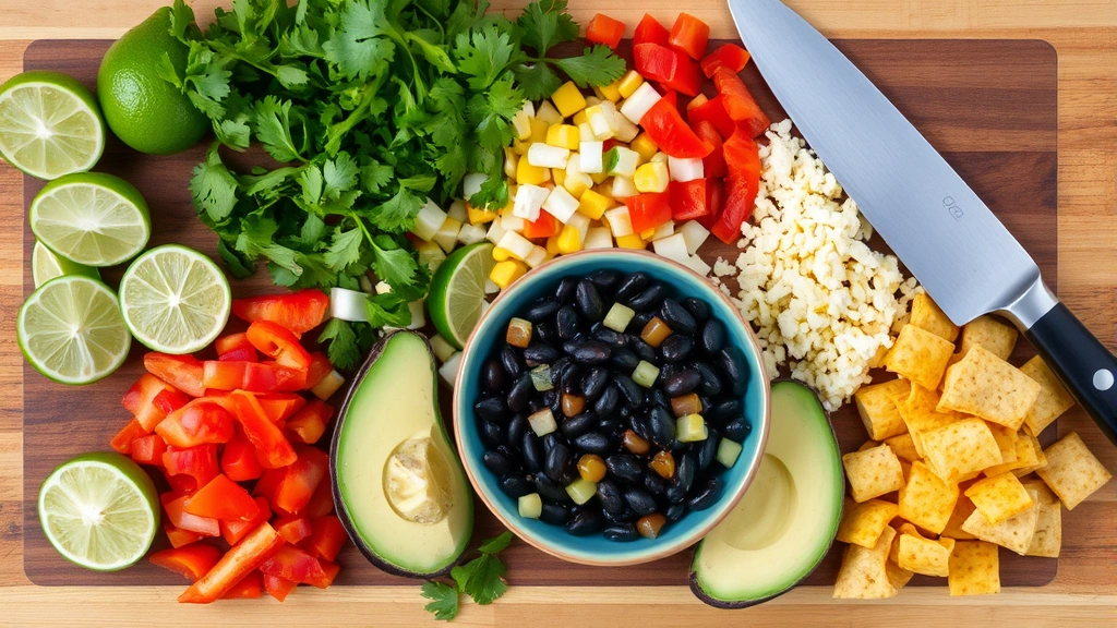 Flat lay composition of Mexican salad ingredients arranged artfully on a wooden cutting board including halved limes, fresh cilantro bunches, diced bell peppers in multiple colors, black beans in a small bowl, corn kernels, sliced avocado, crumbled cheese, and crispy tortilla strips with a chef's knife visible