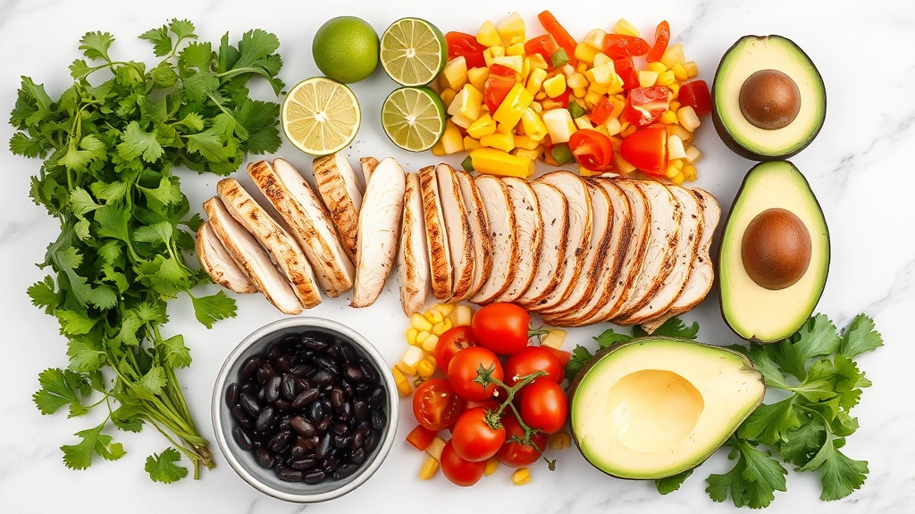 Flat lay composition of separated Mexican salad ingredients arranged artfully: grilled sliced chicken, fresh cilantro bunch, halved limes, diced bell peppers, corn, black beans, sliced avocado, cherry tomatoes, cotija cheese, and crisp greens on marble countertop