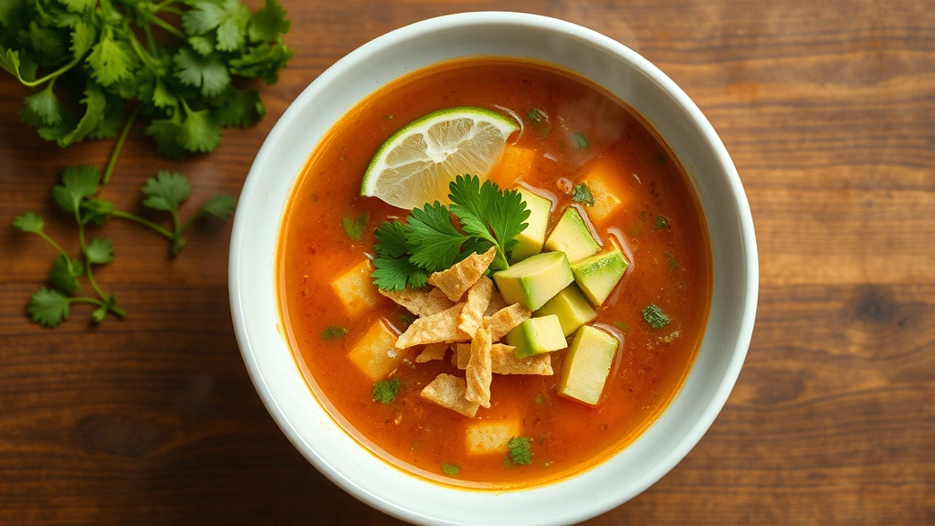 Overhead shot of steaming bowl of authentic Mexican soup with cilantro garnish, lime wedge, crispy tortilla strips, and diced avocado floating on rich golden-brown broth, wooden table background