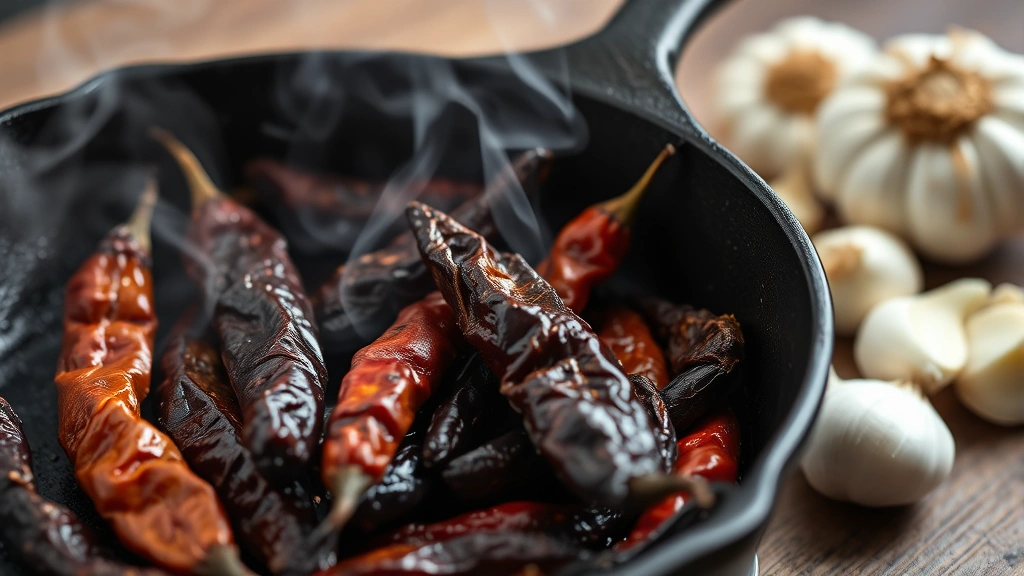 Close-up of charred dried ancho and guajillo chiles being toasted in cast iron skillet, releasing aromatic smoke, with fresh white onions and garlic cloves nearby