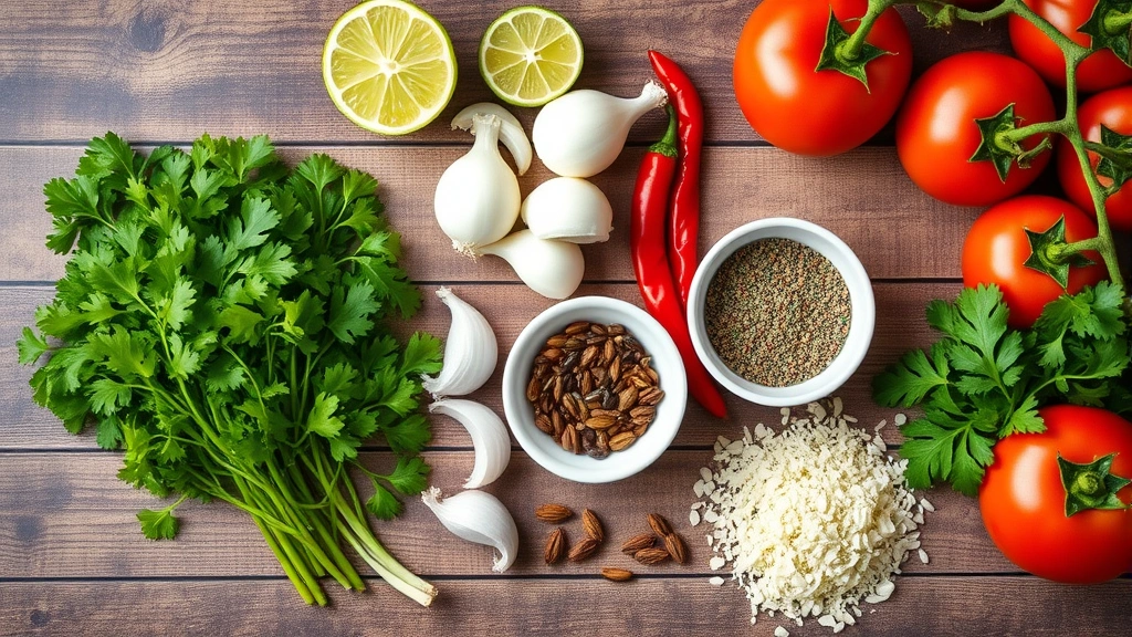 Vibrant flat lay of Mexican soup ingredients: fresh cilantro bunch, halved limes, white onions, garlic cloves, dried chile peppers, Mexican oregano in small bowl, cumin seeds, and fresh tomatoes on rustic wooden surface