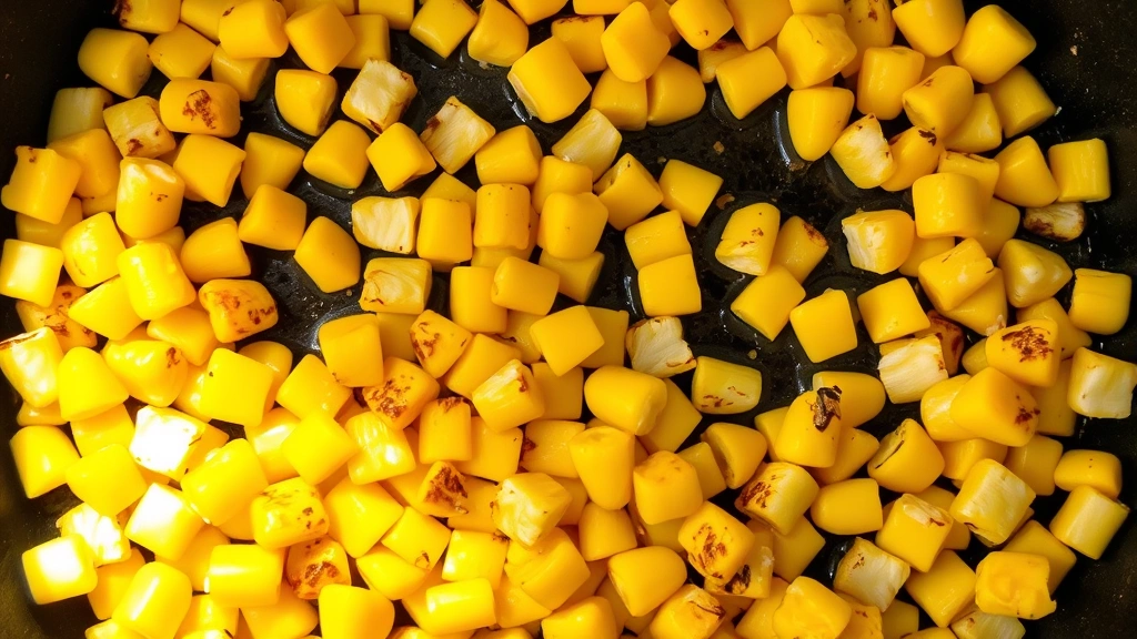 Overhead shot of vibrant yellow corn kernels being toasted in a cast iron skillet over medium-high heat, with some kernels showing light brown char marks, steam rising slightly, natural kitchen lighting