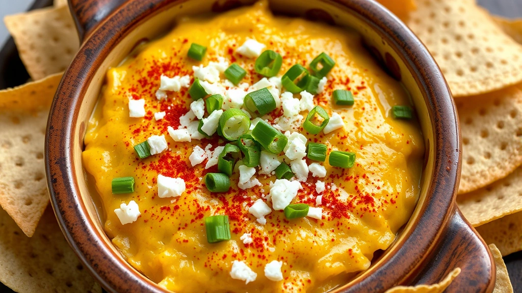 Close-up of finished Mexican street corn dip in a rustic ceramic baking dish, topped with crumbled cotija cheese, fresh cilantro sprigs, sliced green onions, and a dusting of chili powder, with crispy tortilla chips arranged around the edge