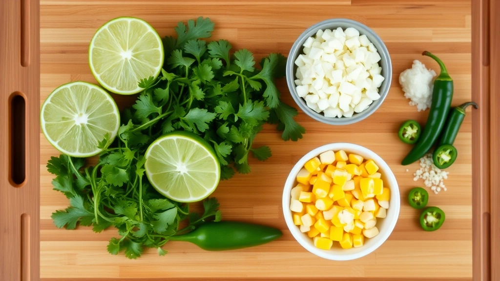 Flat lay of all fresh ingredients for Mexican street corn dip arranged on a wooden cutting board: fresh lime halves, cilantro bunch, crumbled white cheese, corn kernels in a small bowl, minced garlic, and fresh jalapeños, natural daylight