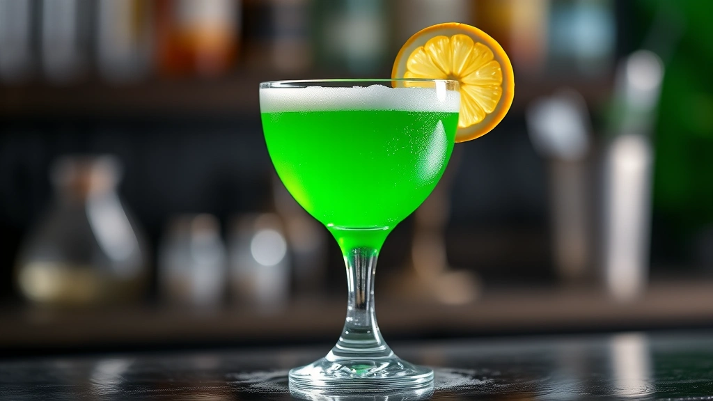 Vibrant green Midori Sour cocktail in coupe glass with silky white foam layer and lemon wheel garnish, condensation on glass, professional bar lighting