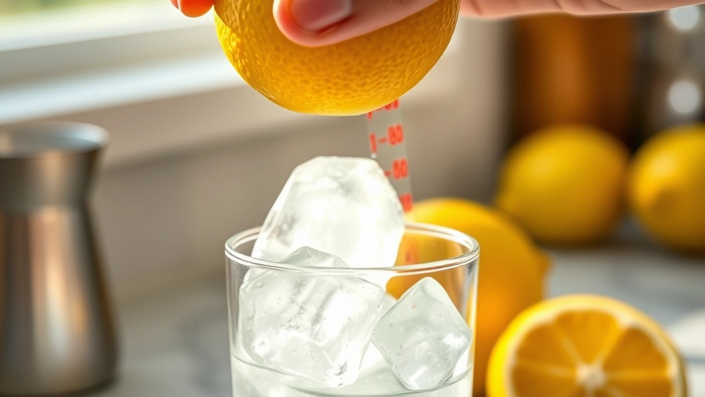 Close-up of fresh lemons being squeezed into glass measuring jigger over cocktail shaker filled with clear ice, bright natural kitchen lighting