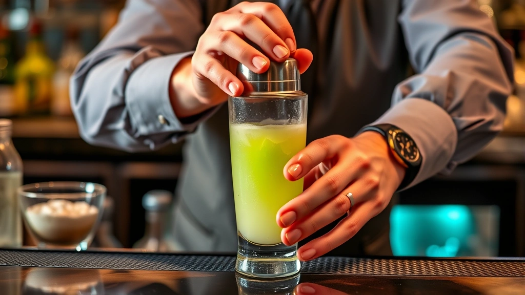 Bartender's hands performing dry shake technique with cocktail shaker, melon-green liquid visible through shaker, professional bar counter background