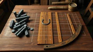 Photorealistic wooden crafting table with iron ingots and oak planks arranged in shield recipe pattern on the grid, warm workshop lighting, detailed wood grain and metal textures, no text or labels
