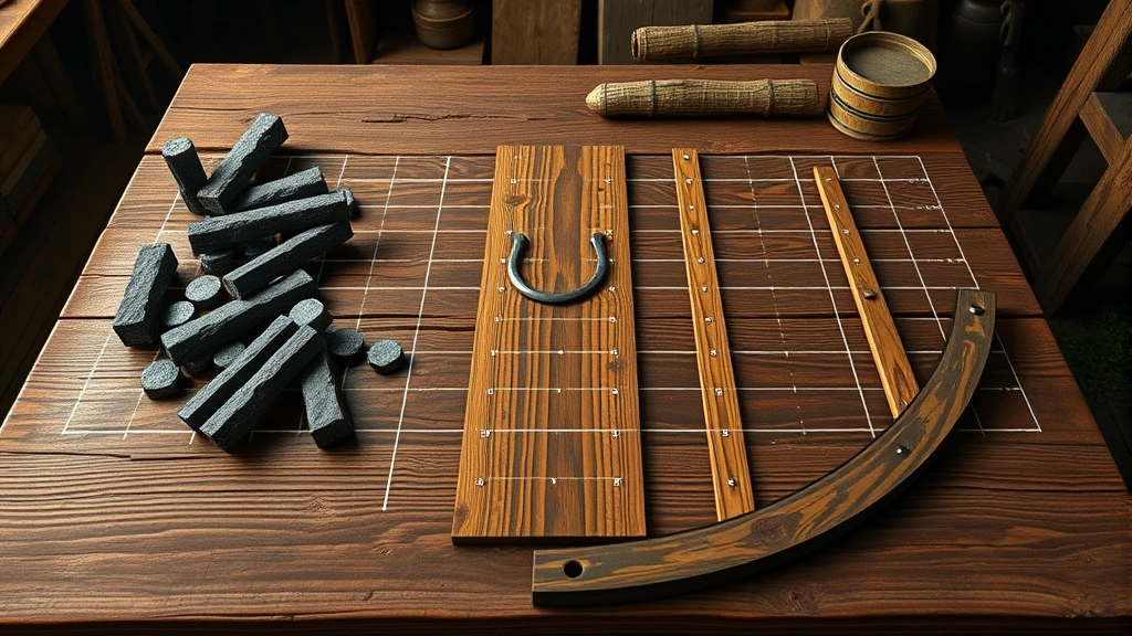 Photorealistic wooden crafting table with iron ingots and oak planks arranged in shield recipe pattern on the grid, warm workshop lighting, detailed wood grain and metal textures, no text or labels