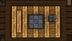 Overhead view of a crafting table with wooden planks arranged and iron ingot positioned, showing the exact Minecraft shield recipe pattern layout on the 3x3 grid, realistic blocky Minecraft aesthetic with proper material textures