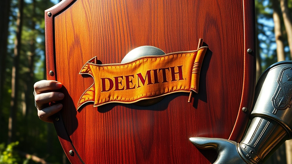 Close-up of a polished wooden shield with intricate banner design held by armored hand, forest background, sunlight reflecting off shield surface, no markings or text visible