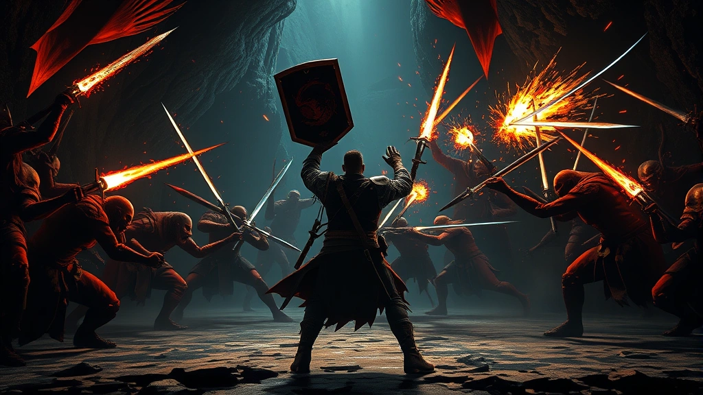 Epic combat scene showing player character with raised shield blocking projectiles and melee attacks from multiple hostile mobs in dark cavern, dynamic lighting and action, no UI elements or text