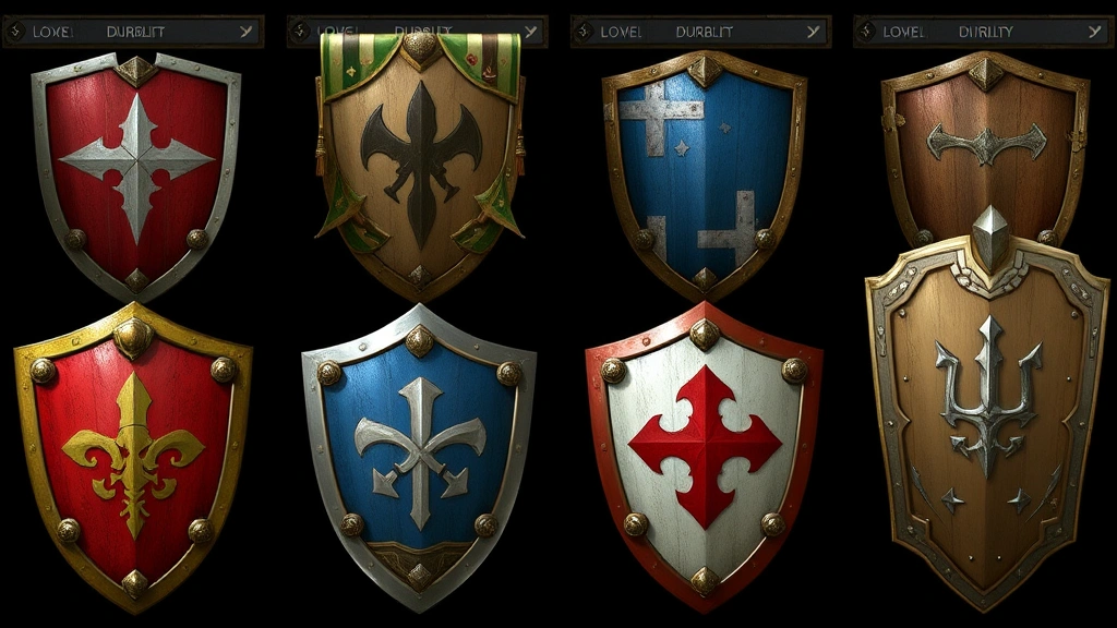 Multiple shields of varying durability levels displayed in an inventory or storage system, showing different banner designs and color variations, with some shields appearing worn and damaged compared to pristine ones